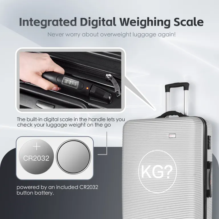 24 digital weighing scale and usb charging port lightweight luggage suitcase silver"