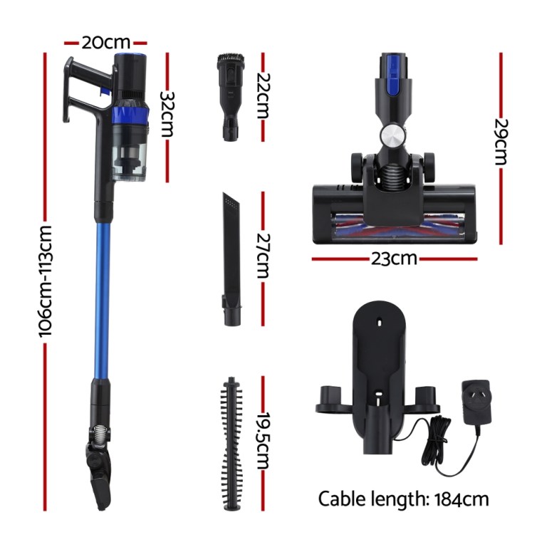 devanti stick vacuum cleaner brushless cordless 350w blue