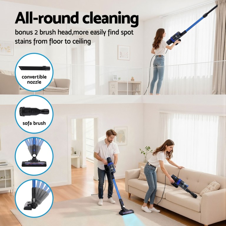 devanti stick vacuum cleaner brushless cordless 350w blue