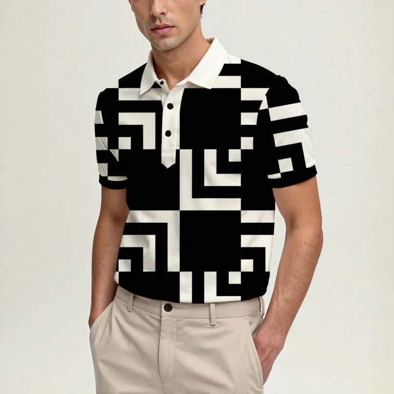 Men\'s Summer Short-Sleeve Polo Shirt, Stylish Collared Printed Button-Up Top, Casual and Comfortable 3