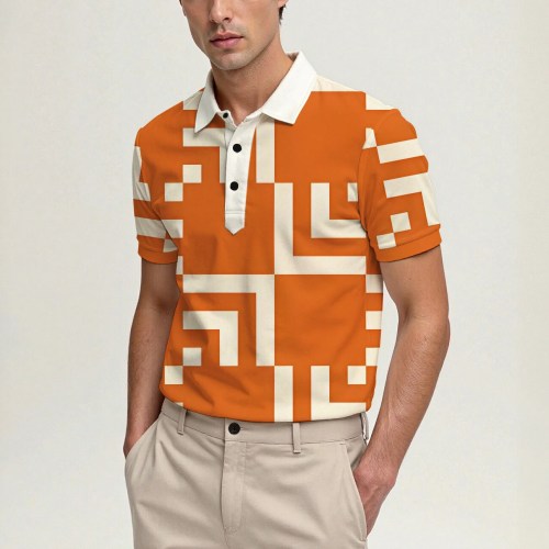 Men\'s Summer Short-Sleeve Polo Shirt, Stylish Collared Printed Button-Up Top, Casual and Comfortable