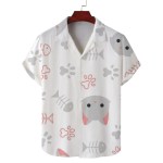 Men\'s summer Cuban collar short-sleeved shirt cat eating fish print men\'s shirt comfortable and breathable 2