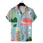 Men\'s summer Cuban collar short-sleeved shirt with summer style flamingo print men\'s shirt comfortable, breathable and versatile