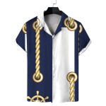 Men\'s Summer Cuban Collar Short Sleeve Shirt Navy Nautical Style Printing Casual Comfortable Versatile 5