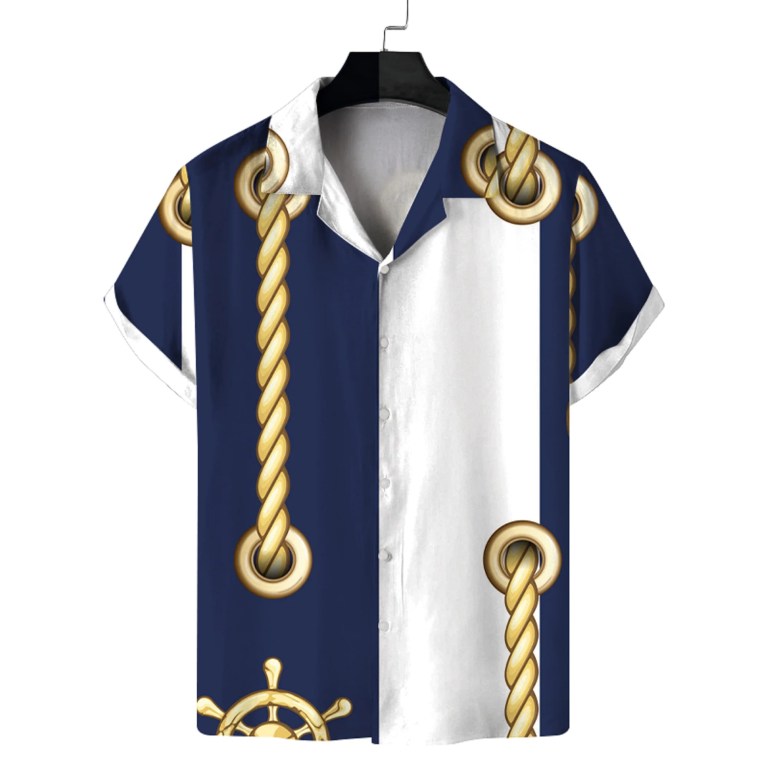 Men\'s Summer Cuban Collar Short Sleeve Shirt Navy Nautical Style Printing Casual Comfortable Versatile 5