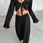 Bornladies Women\'s Summer Lace Up Loose Casual Long Sleeved Pants Set Fashion Home Clothes Sexy Solid Color Basic Pajamas Set 5