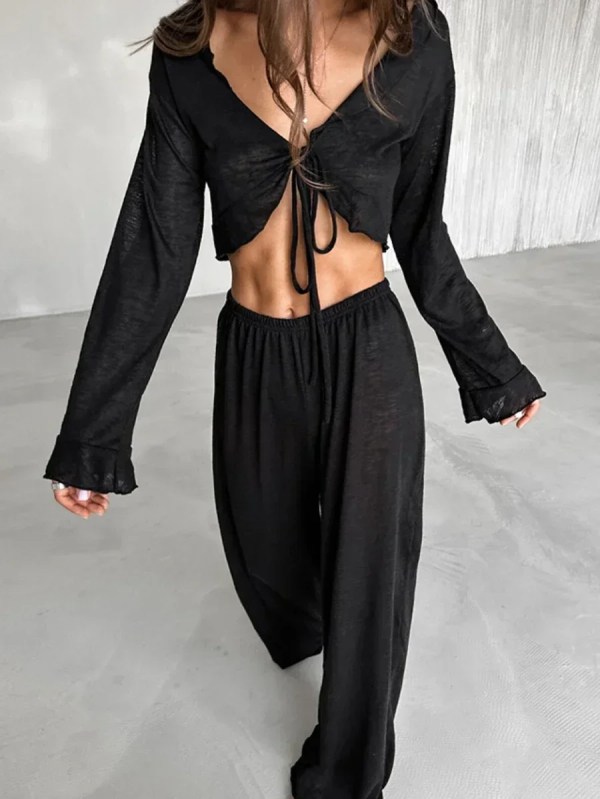 bornladies women's summer lace up loose casual long sleeved pants set fashion home clothes sexy solid color basic pajamas set Bornladies Women\'s Summer Lace Up Loose Casual Long Sleeved Pants Set Fashion Home Clothes Sexy Solid Color Basic Pajamas Set 5