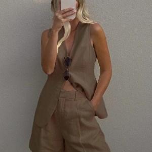 Bornlads Cotton And linen Chic Casual Vest Shorts Set Women\'s Summer New Fashion Commuter Sleeveless Tank Top Shorts Suits 1