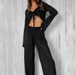 Bornladies Women\'s Summer Lace Up Loose Casual Long Sleeved Pants Set Fashion Home Clothes Sexy Solid Color Basic Pajamas Set 2