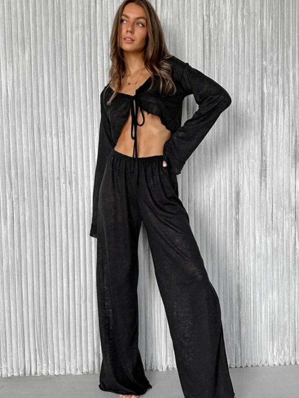 bornladies women's summer lace up loose casual long sleeved pants set fashion home clothes sexy solid color basic pajamas set Bornladies Women\'s Summer Lace Up Loose Casual Long Sleeved Pants Set Fashion Home Clothes Sexy Solid Color Basic Pajamas Set 2