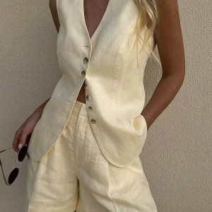 Bornlads Cotton And linen Chic Casual Vest Shorts Set Women\'s Summer New Fashion Commuter Sleeveless Tank Top Shorts Suits 2
