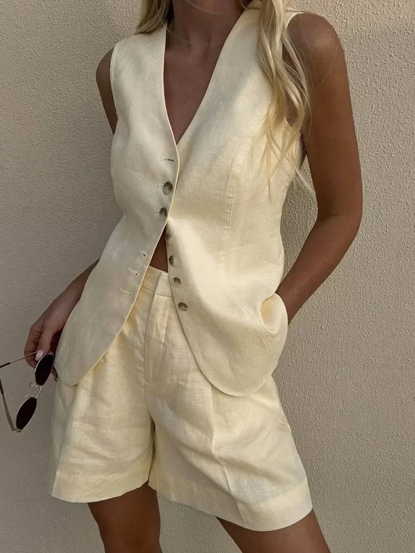 bornlads cotton and linen chic casual vest shorts set women's summer new fashion commuter sleeveless tank top shorts suits Bornlads Cotton And linen Chic Casual Vest Shorts Set Women\'s Summer New Fashion Commuter Sleeveless Tank Top Shorts Suits 2