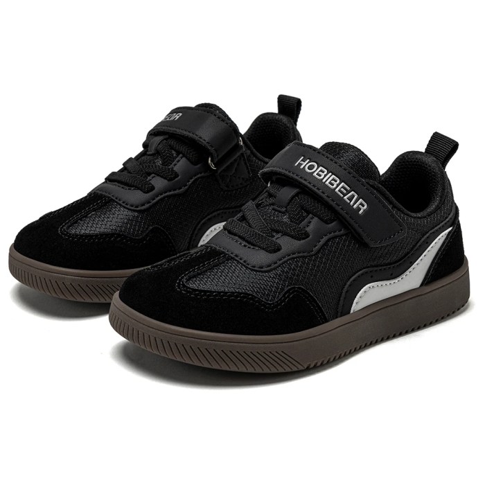HOBIBEAR Kids Wide Toe Barefoot Shoes Hook Loop Minimalist Sneakers Artificial Leather Mesh Retro Walking Shoes for Big Kid 4