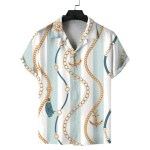 Men\'s Summer Cuban Collar Short Sleeve Shirt Navy Nautical Style Printing Casual Comfortable Versatile 3