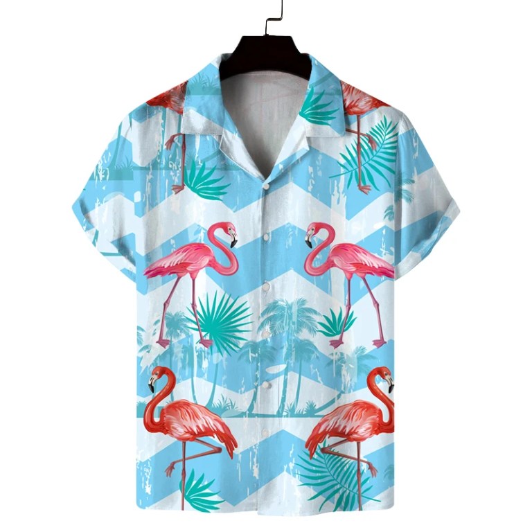 Men\'s summer Cuban collar short-sleeved shirt with summer style flamingo print men\'s shirt comfortable, breathable and versatile 5