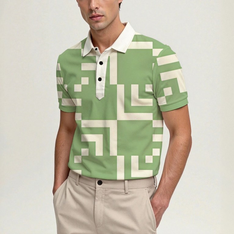 Men\'s Summer Short-Sleeve Polo Shirt, Stylish Collared Printed Button-Up Top, Casual and Comfortable 6
