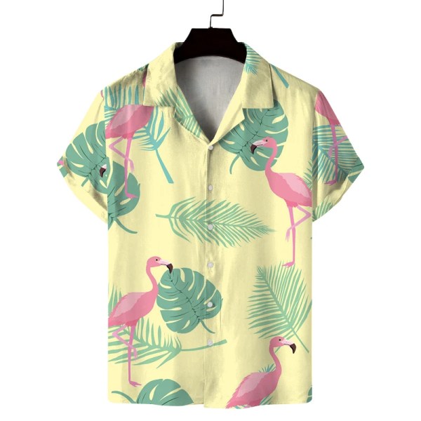 Men\'s summer Cuban collar short-sleeved shirt with summer style flamingo print men\'s shirt comfortable, breathable and versatile 2