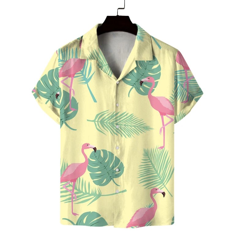 Men\'s summer Cuban collar short-sleeved shirt with summer style flamingo print men\'s shirt comfortable, breathable and versatile 2