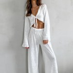 Bornladies Women\'s Summer Lace Up Loose Casual Long Sleeved Pants Set Fashion Home Clothes Sexy Solid Color Basic Pajamas Set 1
