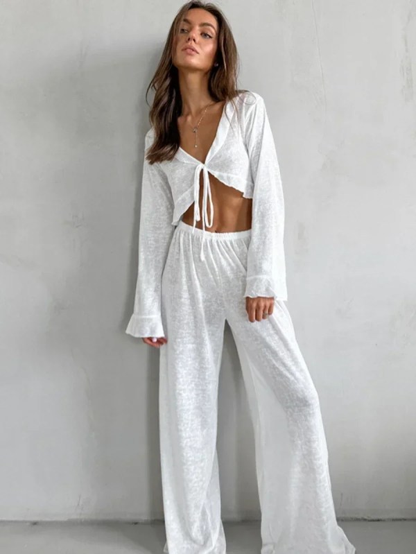bornladies women's summer lace up loose casual long sleeved pants set fashion home clothes sexy solid color basic pajamas set Bornladies Women\'s Summer Lace Up Loose Casual Long Sleeved Pants Set Fashion Home Clothes Sexy Solid Color Basic Pajamas Set 1