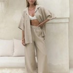 Bornlads Summer New 100% Cotton Short Sleeved Pants Set Women\'s Loose Solid Color Short Sleeved Shirt Pants Casual 2-piece Set 6