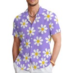 Floral Daisy Casual Men\'s Shirt Daily Out Summer Lapel Short Sleeve Purple Orange Flower Shirt Hawaii Shirt Casual Clothing 3