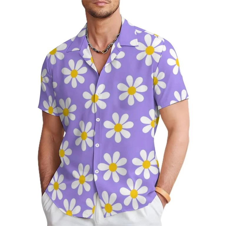 Floral Daisy Casual Men\'s Shirt Daily Out Summer Lapel Short Sleeve Purple Orange Flower Shirt Hawaii Shirt Casual Clothing 3