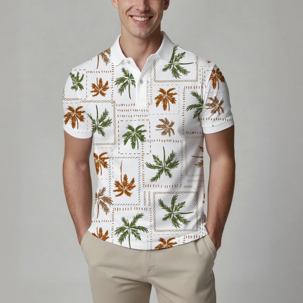 Summer Men's Fashion Printed Short-Sleeve Polo Shirt, Stylish Collared Button-Up Top, Breathable, Comfortable and Versatile 5