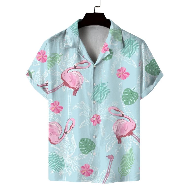 Men\'s summer Cuban collar short-sleeved shirt with summer style flamingo print men\'s shirt comfortable, breathable and versatile 4
