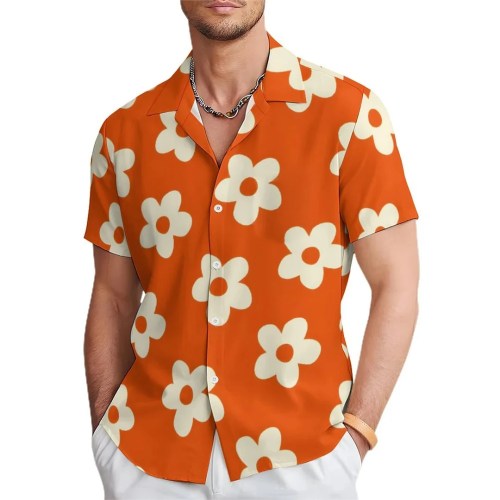 Floral Daisy Casual Men\'s Shirt Daily Out Summer Lapel Short Sleeve Purple Orange Flower Shirt Hawaii Shirt Casual Clothing