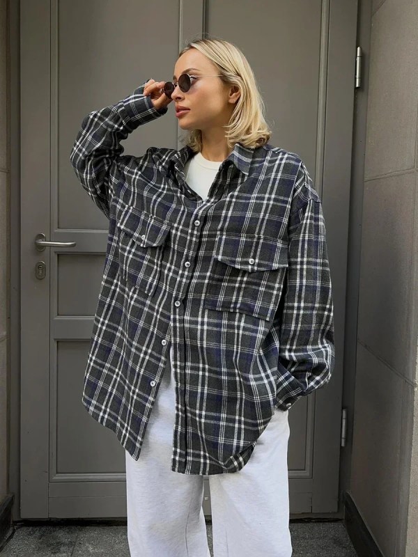 bornladies 2025 vintage loose plaid women's shirt fashion lapel long sleeve office lady shirts and blouses tops female clothing Bornladies 2025 Vintage Loose Plaid Women\'S Shirt Fashion Lapel Long Sleeve Office Lady Shirts And Blouses Tops Female Clothing 4
