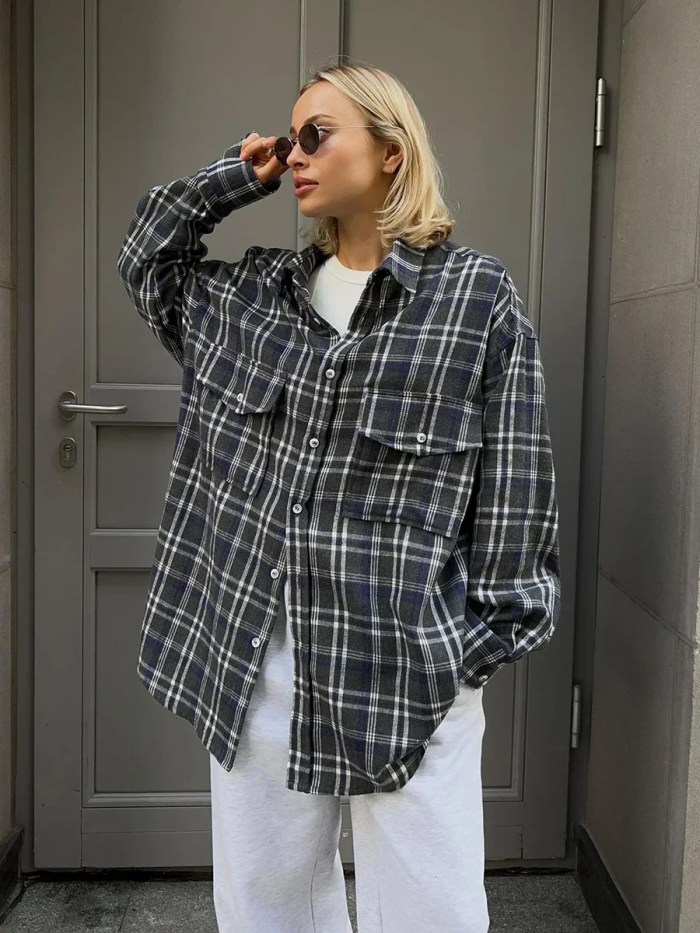 Bornladies 2025 Vintage Loose Plaid Women\'S Shirt Fashion Lapel Long Sleeve Office Lady Shirts And Blouses Tops Female Clothing 4