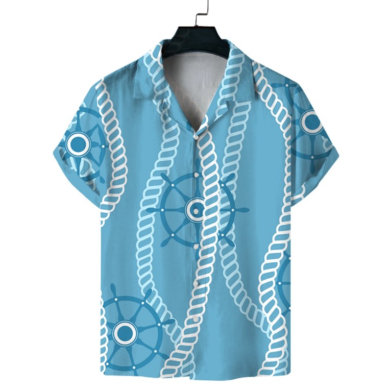 Men\'s Summer Cuban Collar Short Sleeve Shirt Navy Nautical Style Printing Casual Comfortable Versatile 6