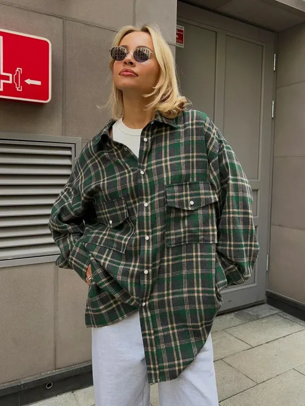 bornladies 2025 vintage loose plaid women's shirt fashion lapel long sleeve office lady shirts and blouses tops female clothing Bornladies 2025 Vintage Loose Plaid Women\'S Shirt Fashion Lapel Long Sleeve Office Lady Shirts And Blouses Tops Female Clothing 5