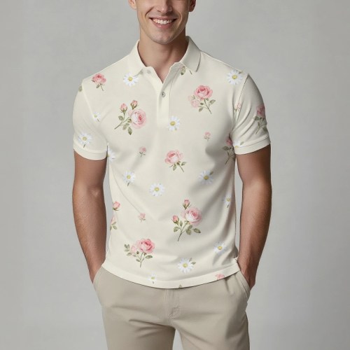 Summer Men's Fashion Printed Short-Sleeve Polo Shirt, Stylish Collared Button-Up Top, Breathable, Comfortable and Versatile
