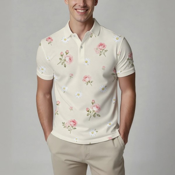 Summer Men's Fashion Printed Short-Sleeve Polo Shirt, Stylish Collared Button-Up Top, Breathable, Comfortable and Versatile