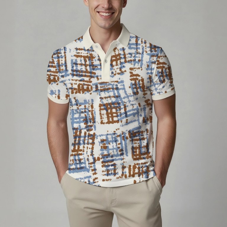 Summer Men's Fashion Printed Short-Sleeve Polo Shirt, Stylish Collared Button-Up Top, Breathable, Comfortable and Versatile 3