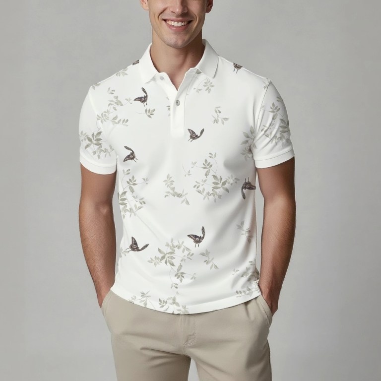 Summer Men's Fashion Printed Short-Sleeve Polo Shirt, Stylish Collared Button-Up Top, Breathable, Comfortable and Versatile 4