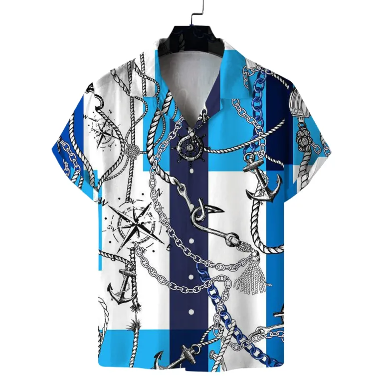 Men\'s Summer Cuban Collar Short Sleeve Shirt Navy Nautical Style Printing Casual Comfortable Versatile 4