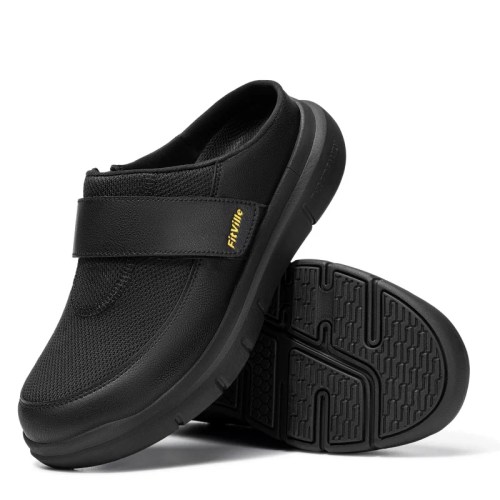 FitVille Wide Slippers For Men Slip-On Mules Clogs For Swollen Feet Adjustable Strap Indoors Lightweight Walking Shoes