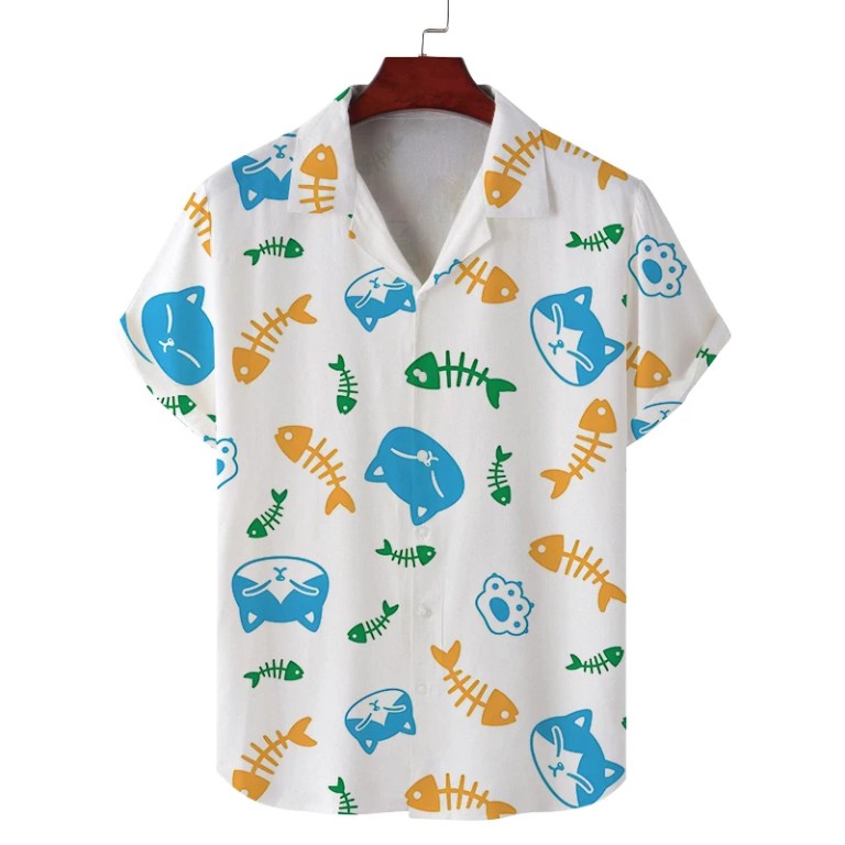 Men\'s summer Cuban collar short-sleeved shirt cat eating fish print men\'s shirt comfortable and breathable 6