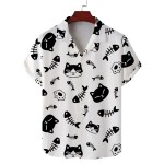Men\'s summer Cuban collar short-sleeved shirt cat eating fish print men\'s shirt comfortable and breathable 3