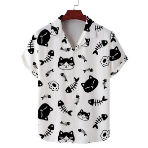 men's summer cuban collar short sleeved shirt cat eating fish print men's shirt comfortable and breathable Men\'s summer Cuban collar short-sleeved shirt cat eating fish print men\'s shirt comfortable and breathable 3