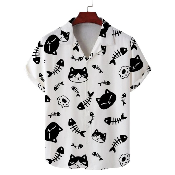 Men\'s summer Cuban collar short-sleeved shirt cat eating fish print men\'s shirt comfortable and breathable 3
