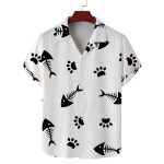 Men\'s summer Cuban collar short-sleeved shirt cat eating fish print men\'s shirt comfortable and breathable 5