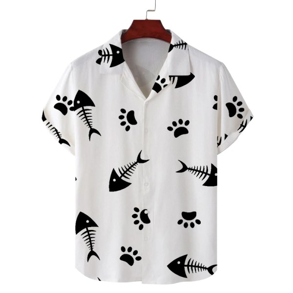 Men\'s summer Cuban collar short-sleeved shirt cat eating fish print men\'s shirt comfortable and breathable 5