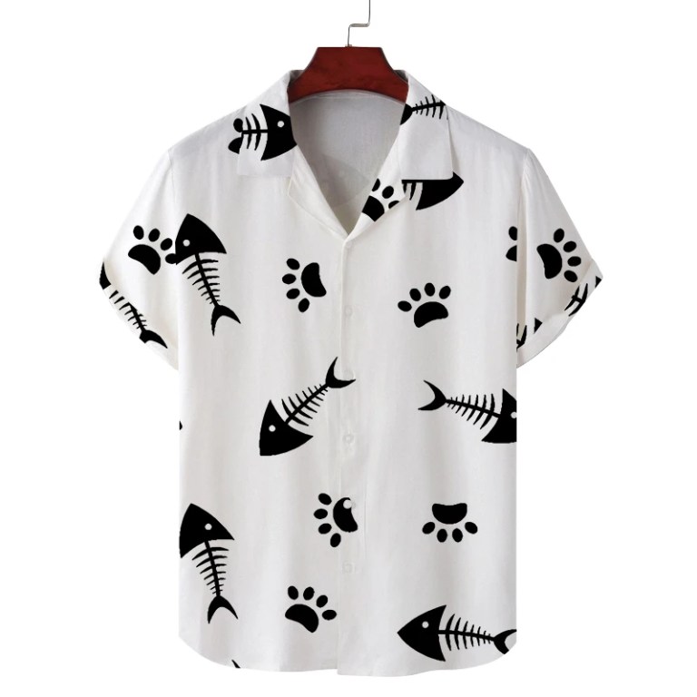 Men\'s summer Cuban collar short-sleeved shirt cat eating fish print men\'s shirt comfortable and breathable 5