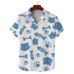 Men\'s summer Cuban collar short-sleeved shirt cat eating fish print men\'s shirt comfortable and breathable