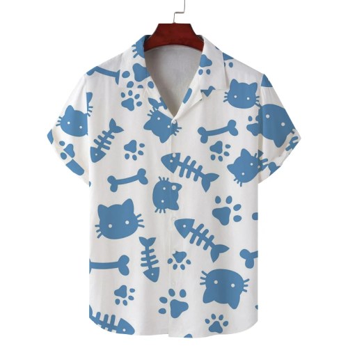 Men\'s summer Cuban collar short-sleeved shirt cat eating fish print men\'s shirt comfortable and breathable