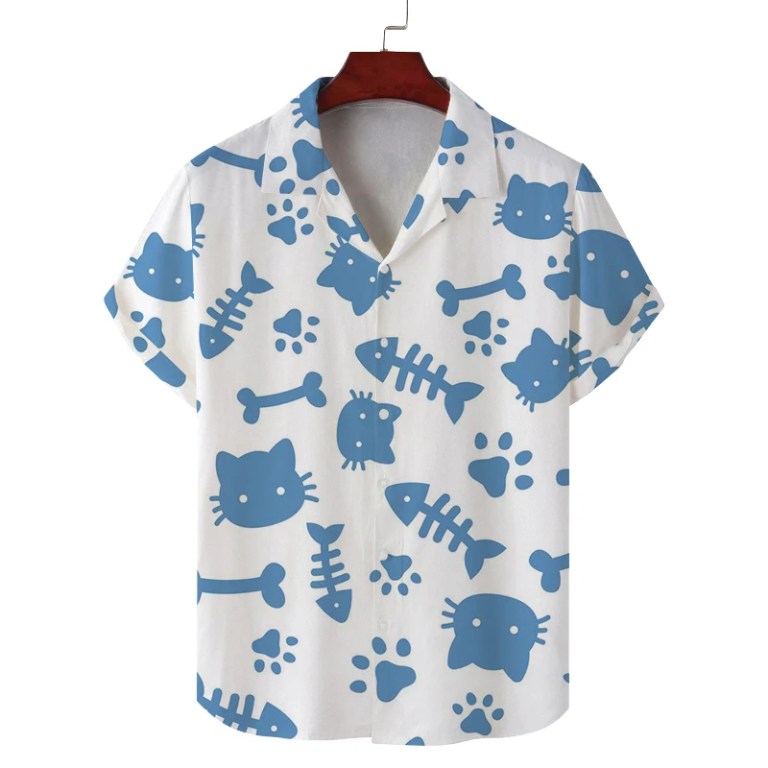 Men\'s summer Cuban collar short-sleeved shirt cat eating fish print men\'s shirt comfortable and breathable